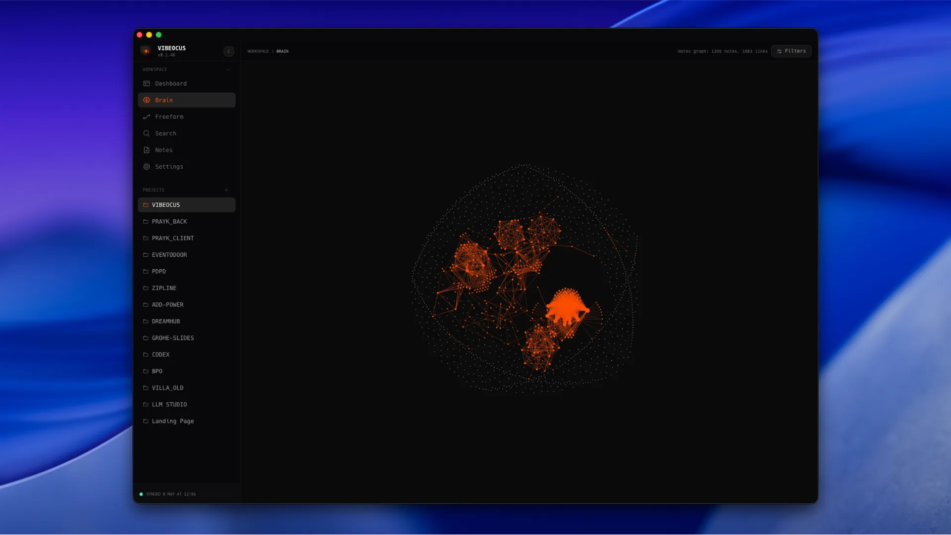 Vibeocus Brain graph showing linked project memory nodes and workspace relationships