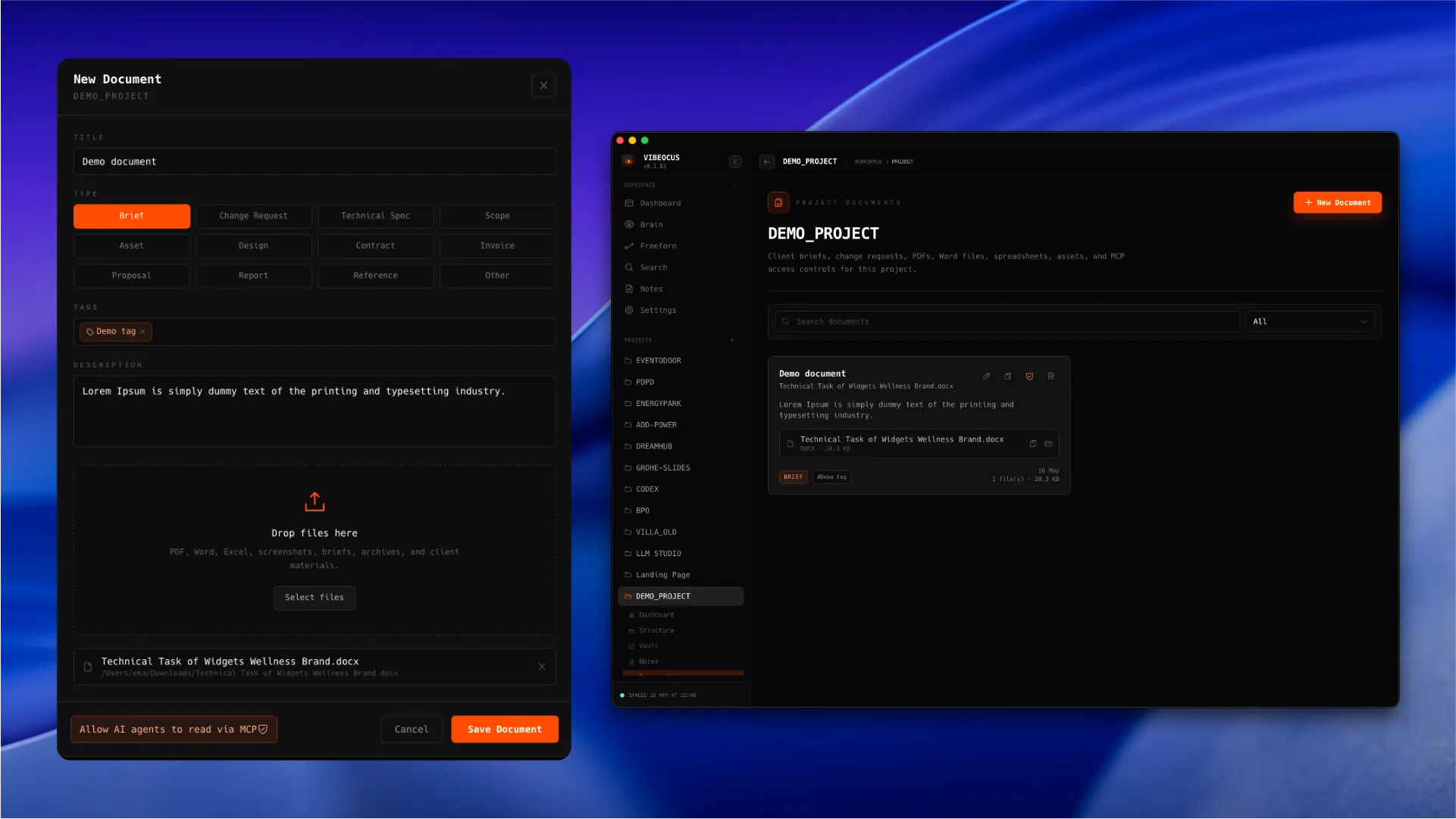 Vibeocus Documents library with upload modal, preview panel, tags, file filters, and MCP access toggle