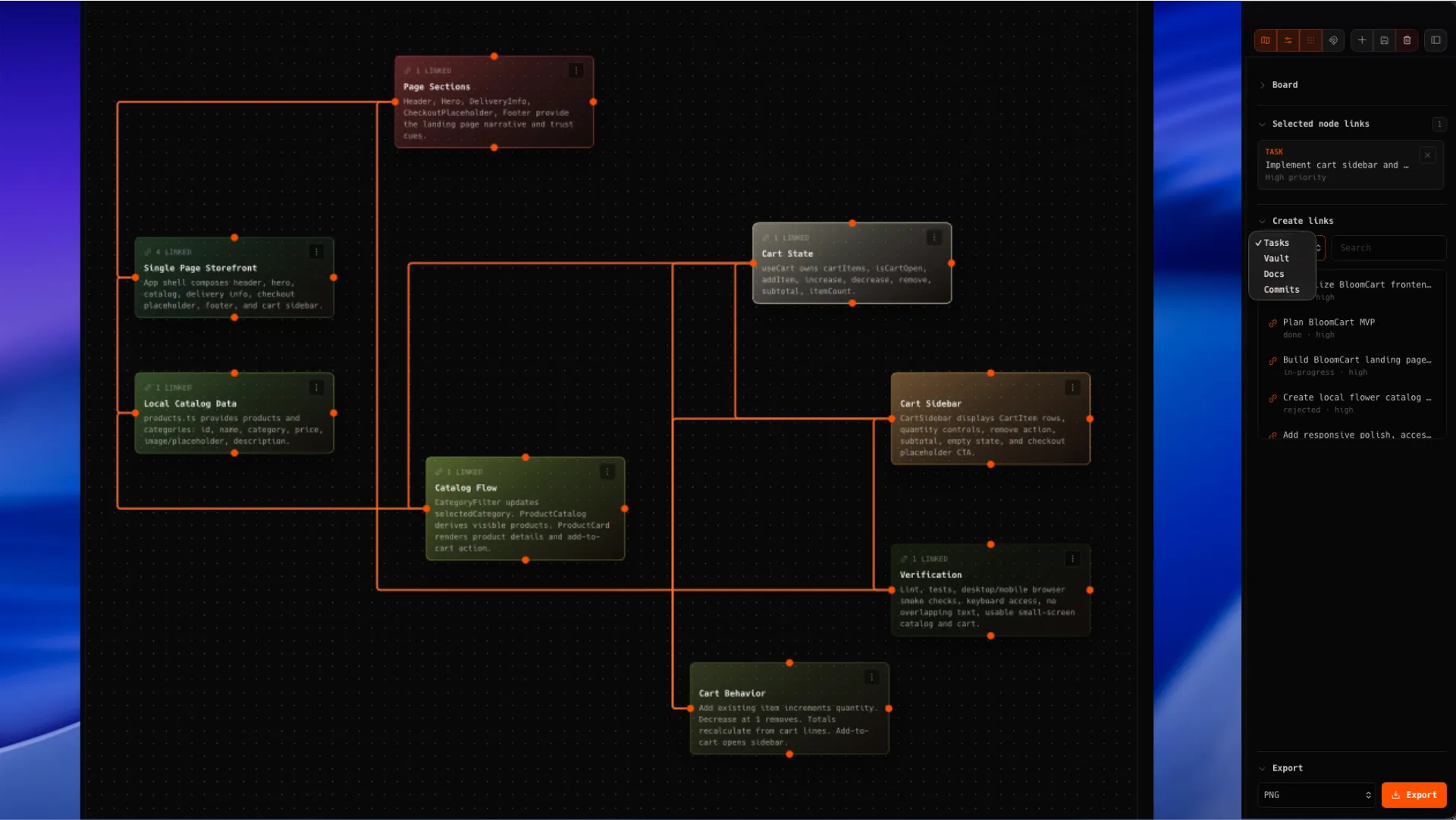 Vibeocus Freeform board with linked nodes, visual planning canvas, right inspector, and export controls