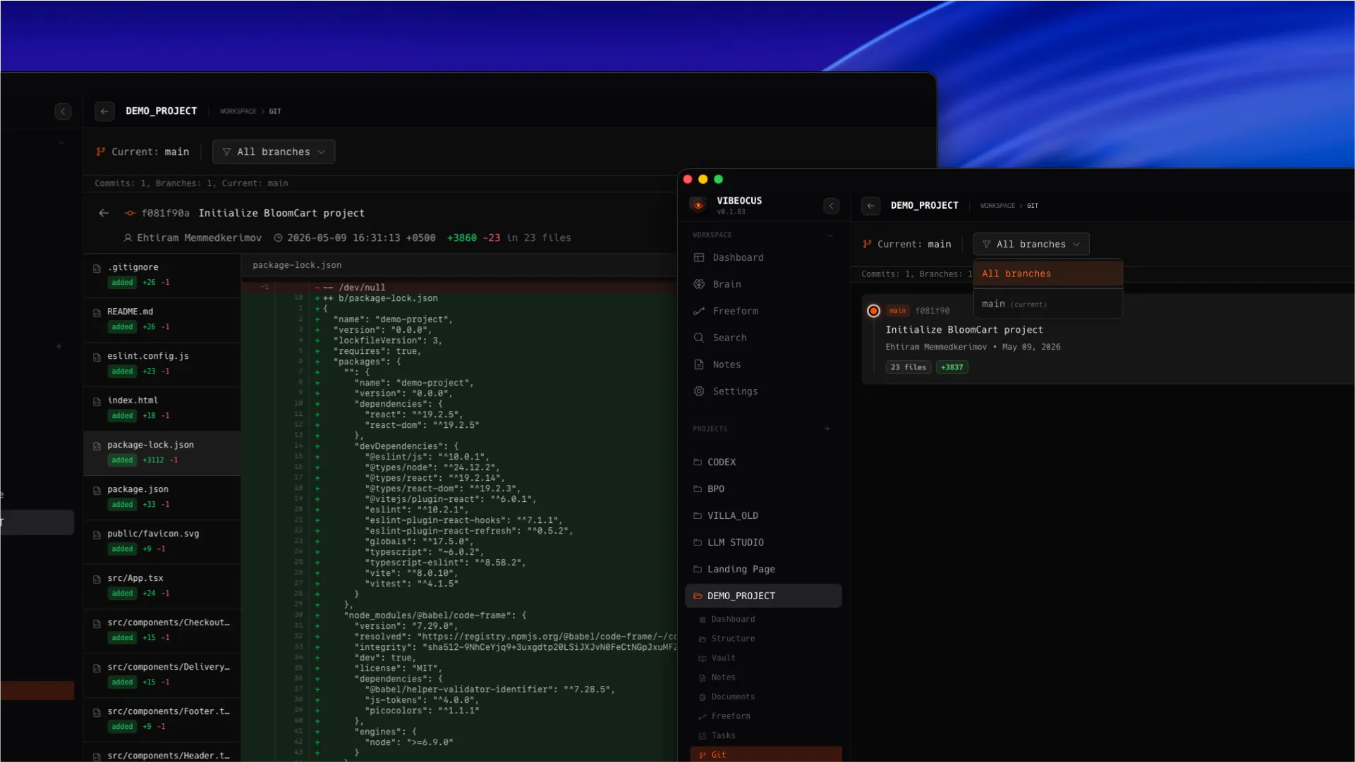 Vibeocus Git screen with commit list, branch dropdown, commit statistics, changed files, and diff viewer
