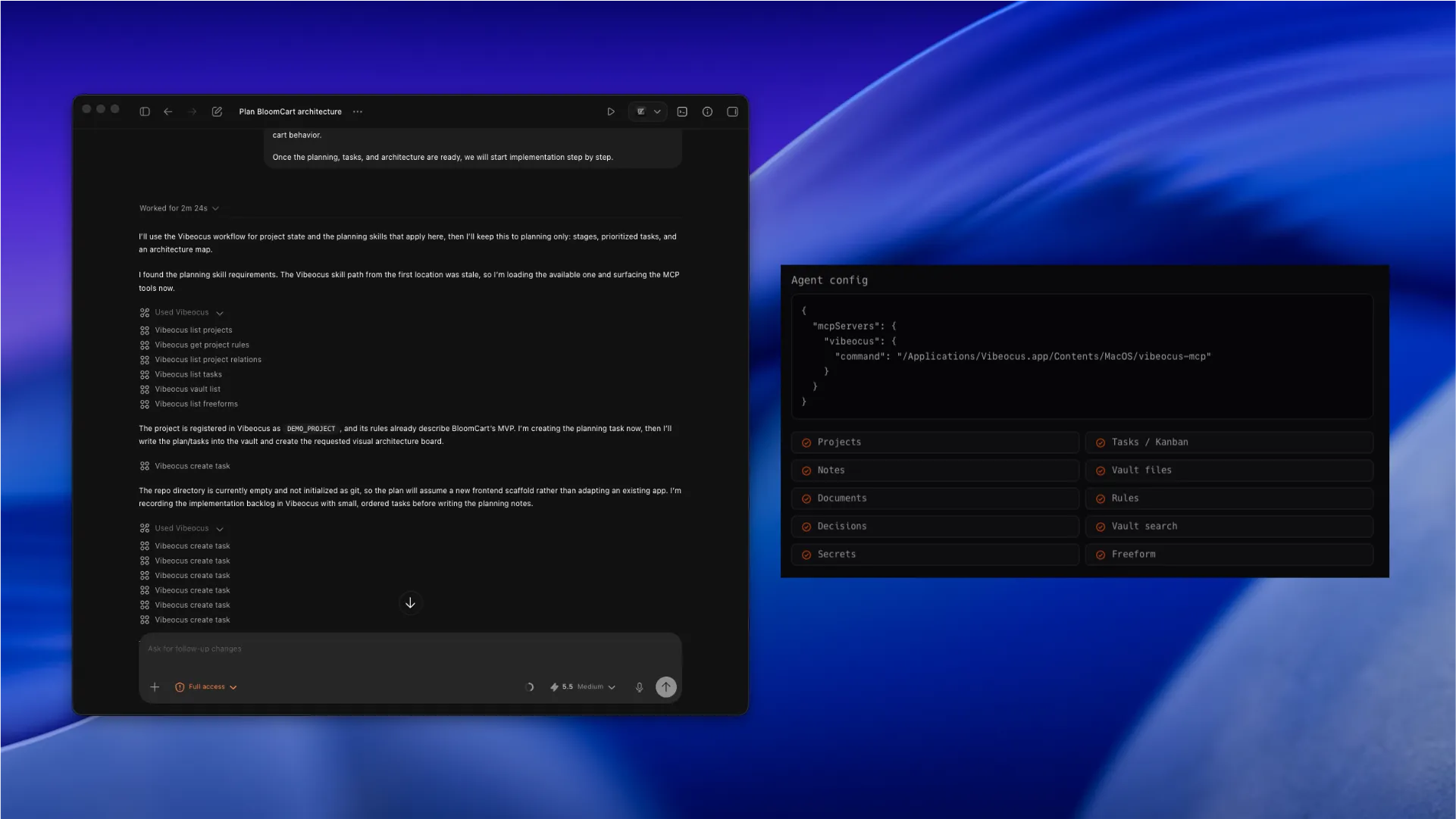 Vibeocus MCP settings showing installed helper status, tool list, and agent skill installer