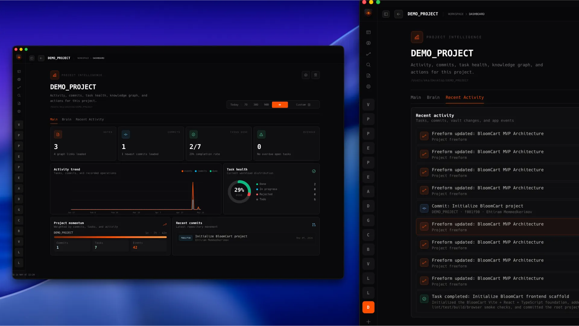 Vibeocus project dashboard with Main, Brain, and Recent Activity tabs for one project