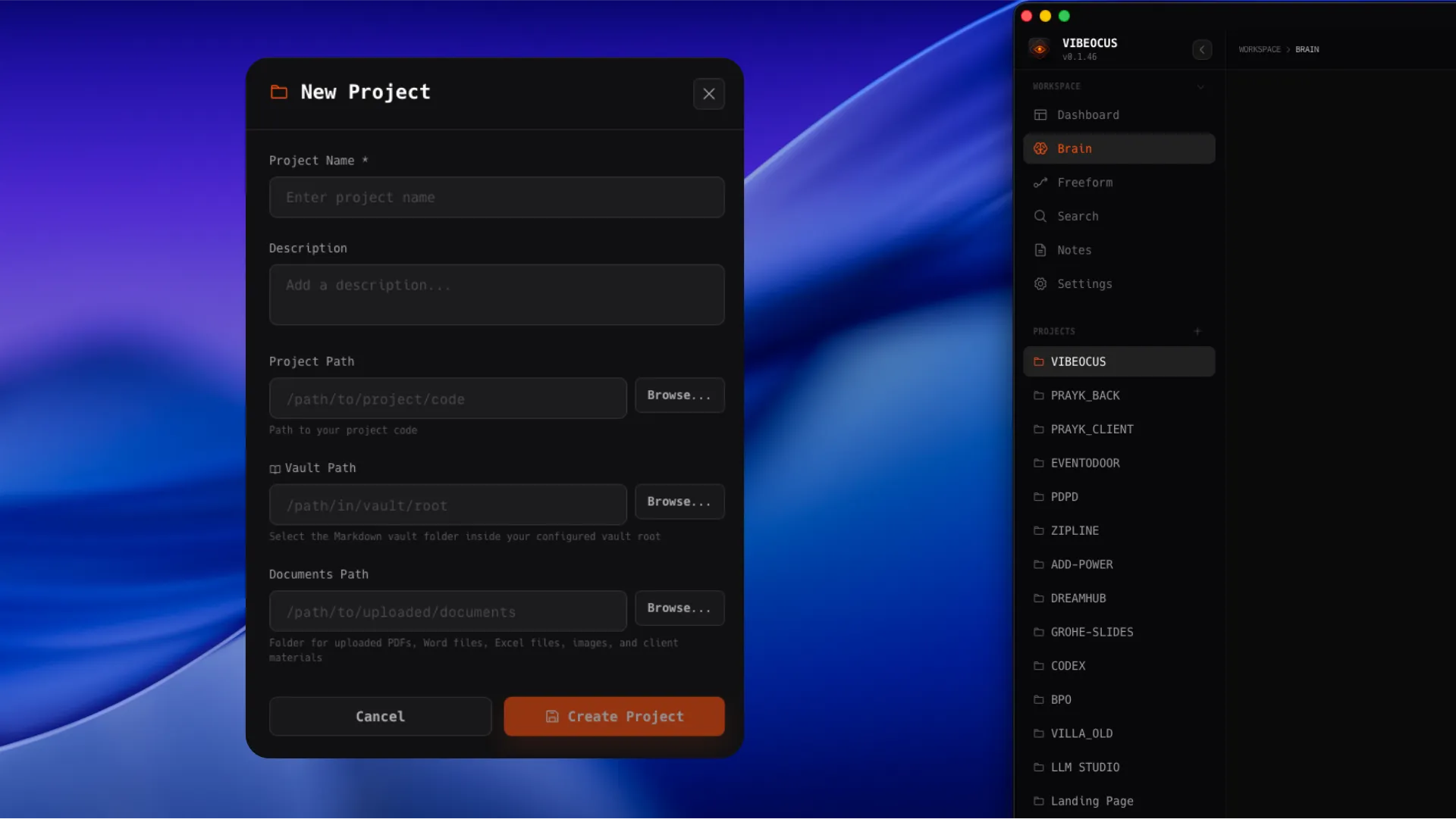 Vibeocus Projects screen with repository path, vault path, documents path, and project settings