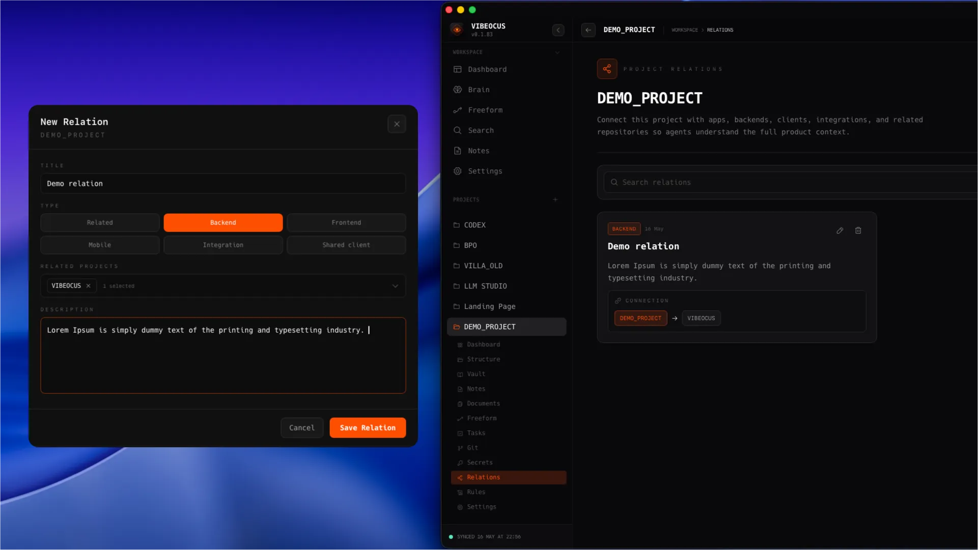 Vibeocus Relations screen with connected project cards, relation type, and create relation modal