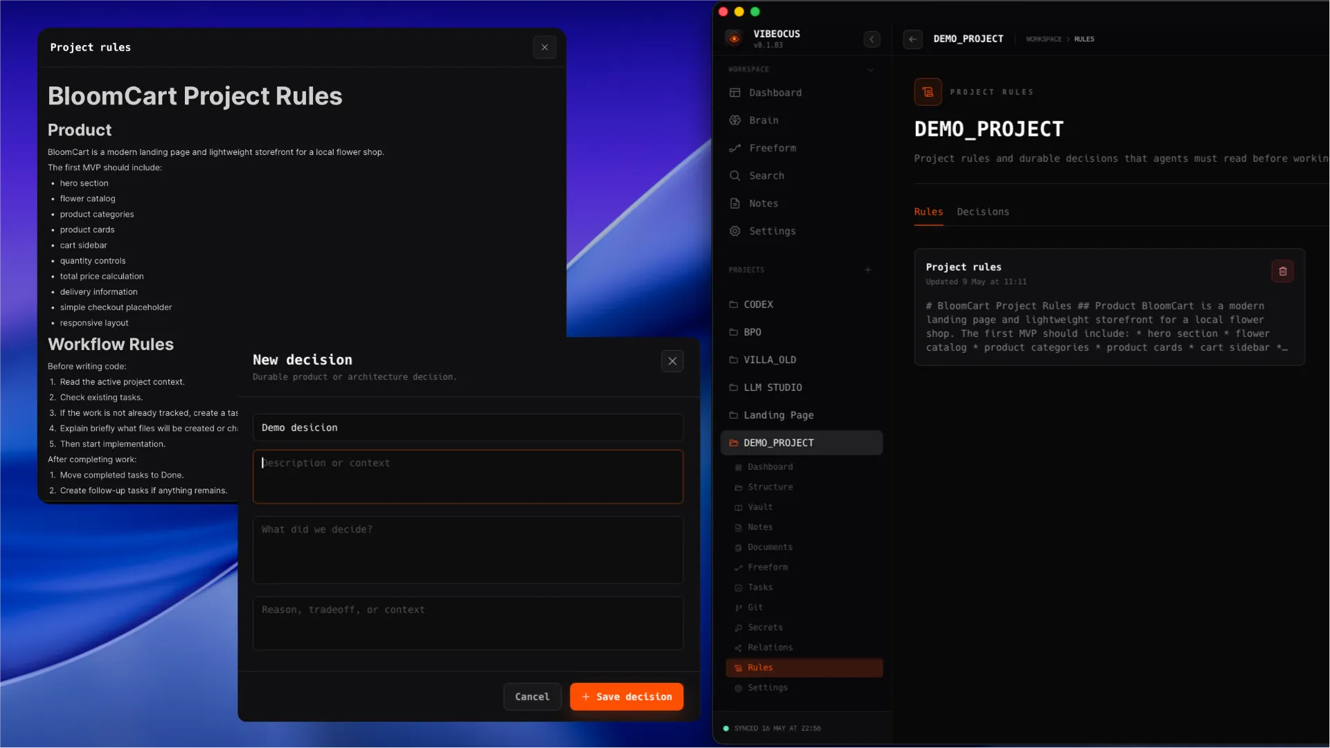 Vibeocus Rules and Decisions page with tabs, rule cards, decision records, Markdown editor, and decision form