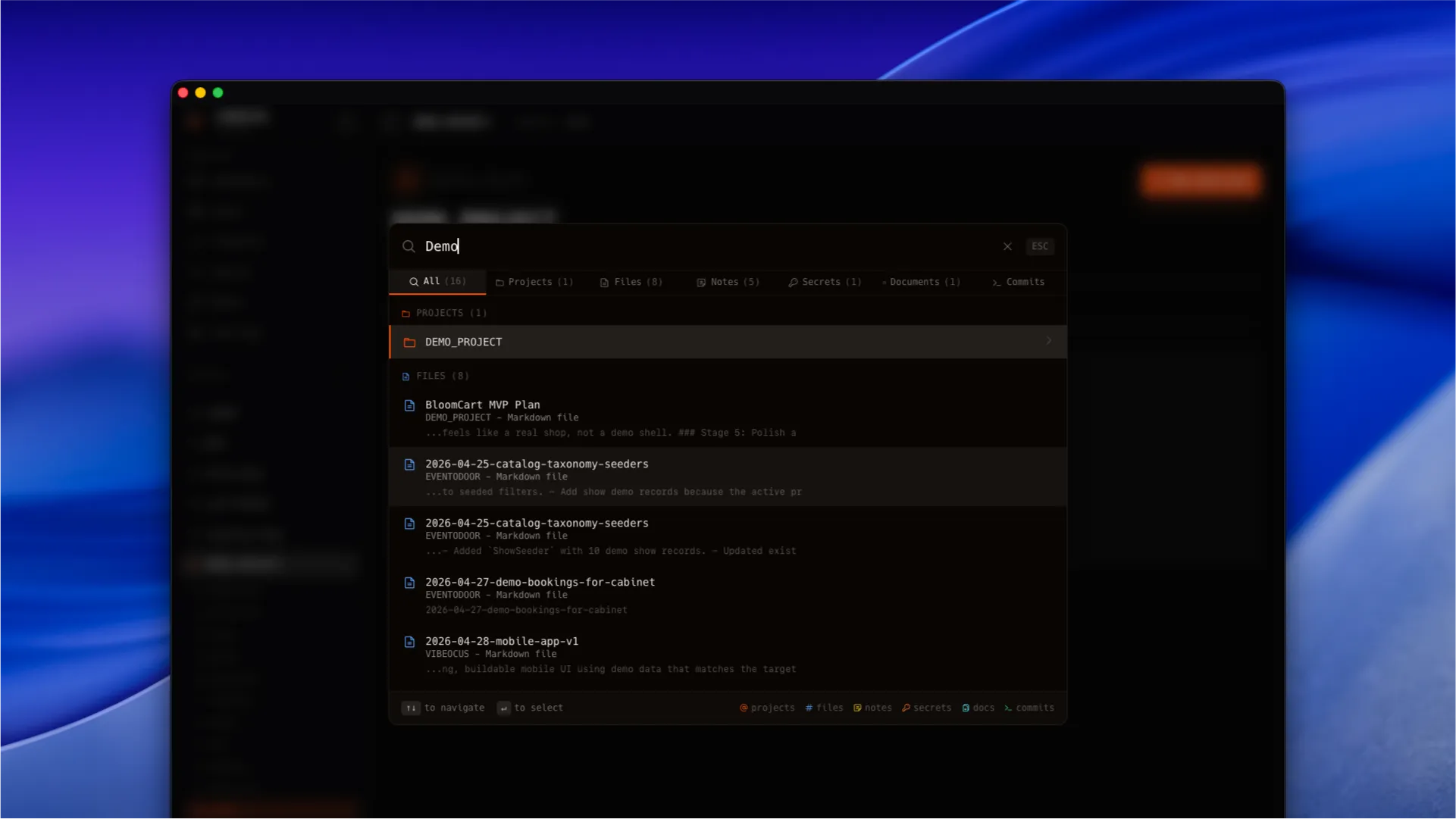 Vibeocus Search overlay with entity filters, keyboard navigation, and cross-workspace results
