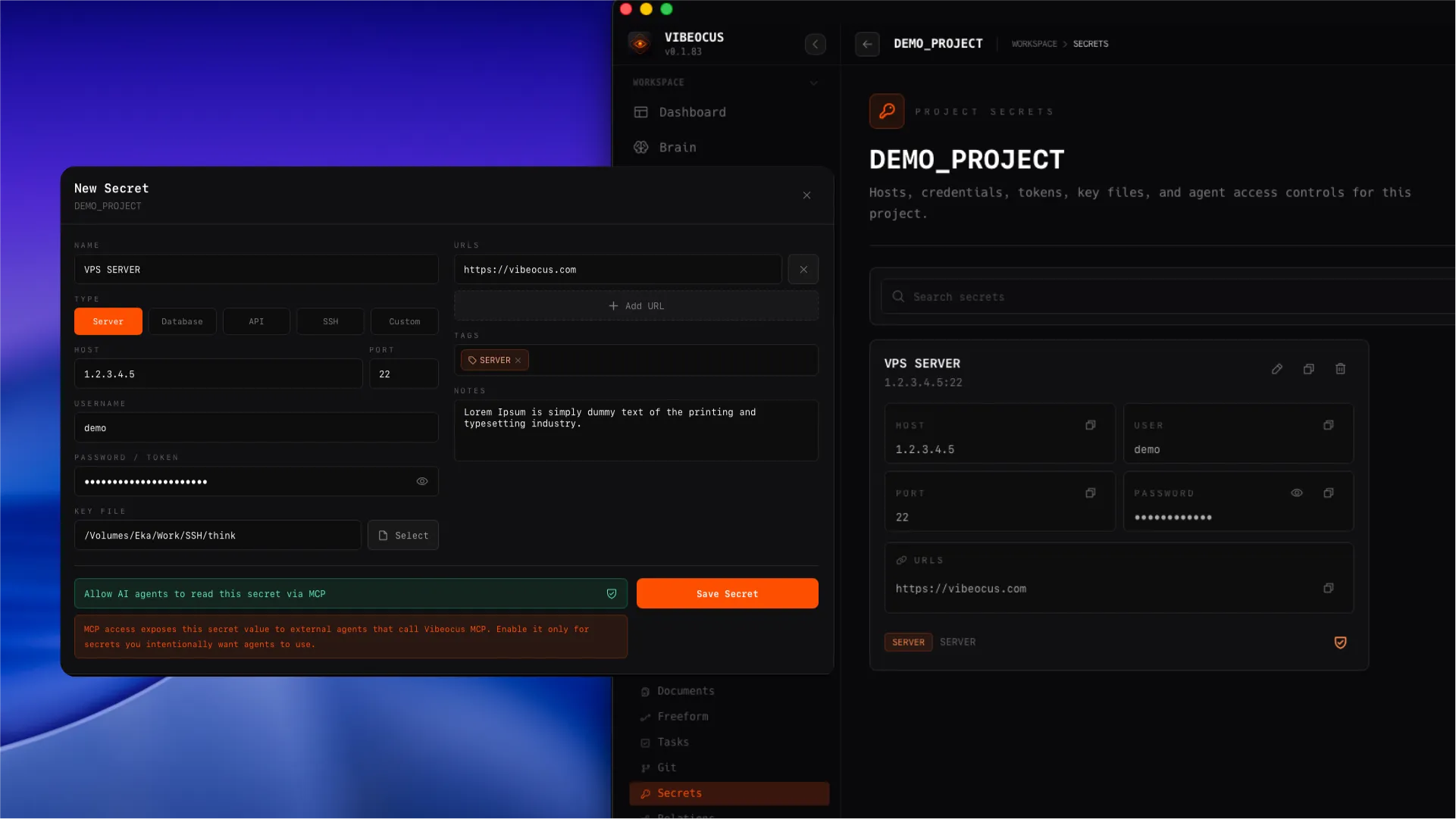Vibeocus Secrets screen with credential cards, preview modal, copy actions, and per-secret MCP access control