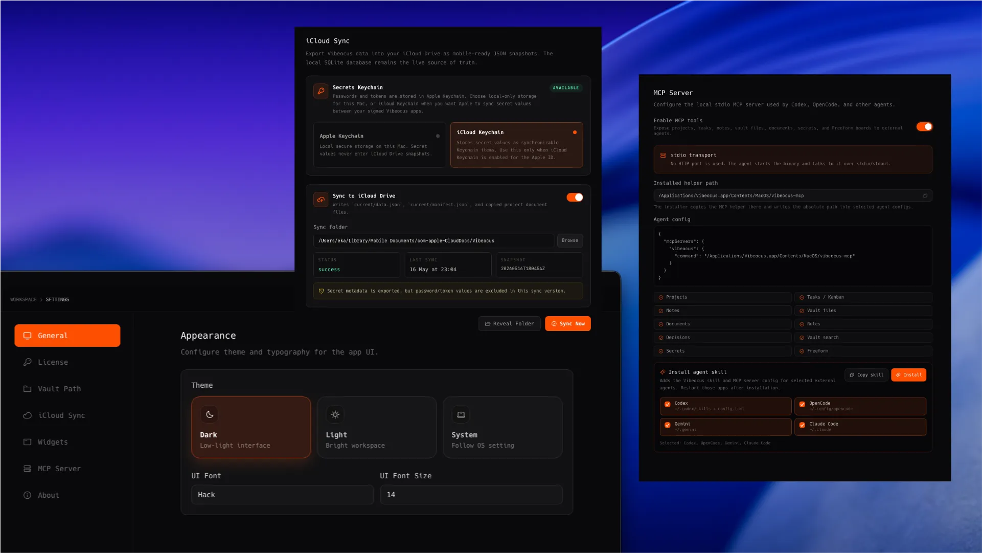Vibeocus Settings page with appearance controls, iCloud sync, MCP tools, and skill installer