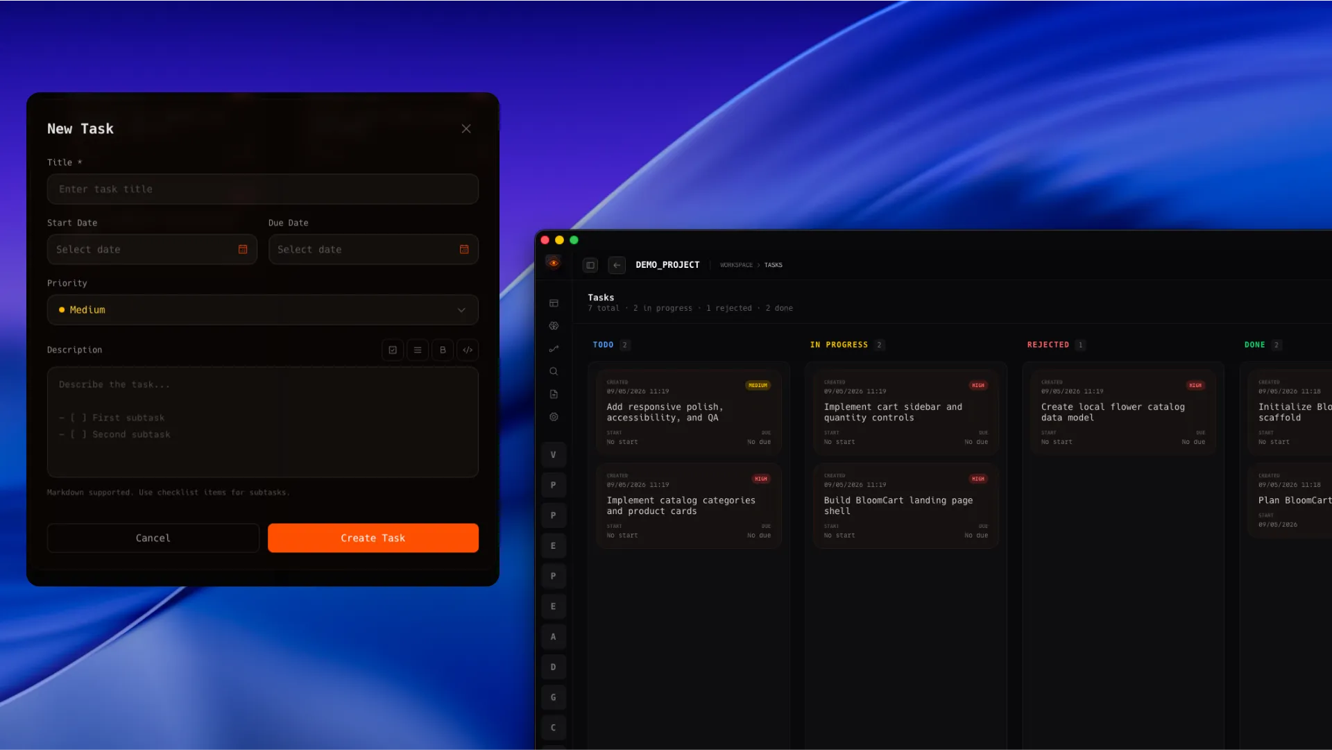 Vibeocus task Kanban board with task modal, priority, date picker, and status columns