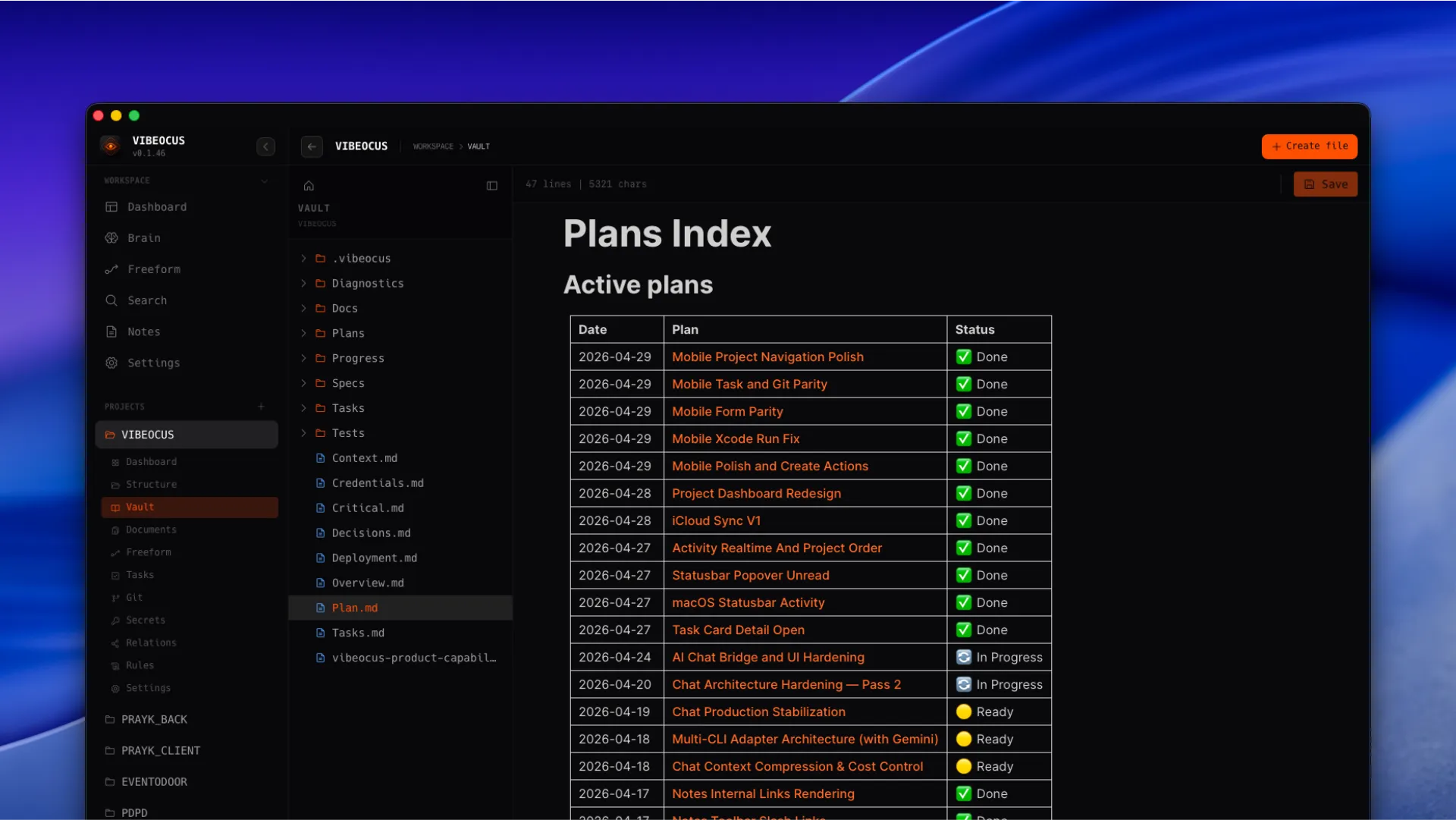 Vibeocus Vault screen with Markdown file tree, editor, slash commands, and linked project notes