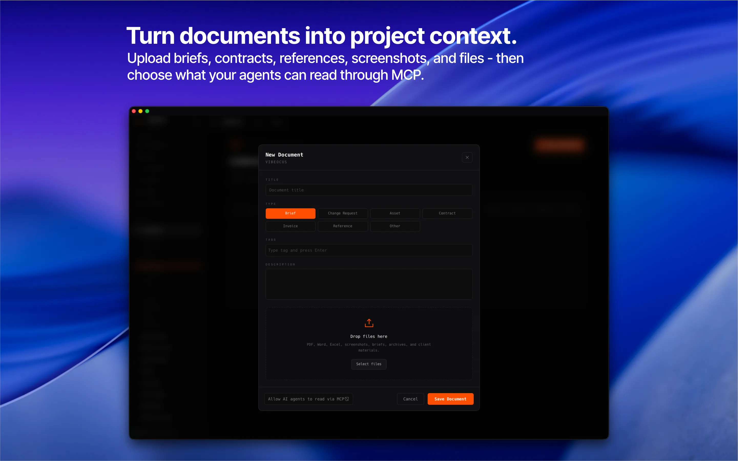 Vibeocus documents library with uploaded project files, tags, previews, and access controls