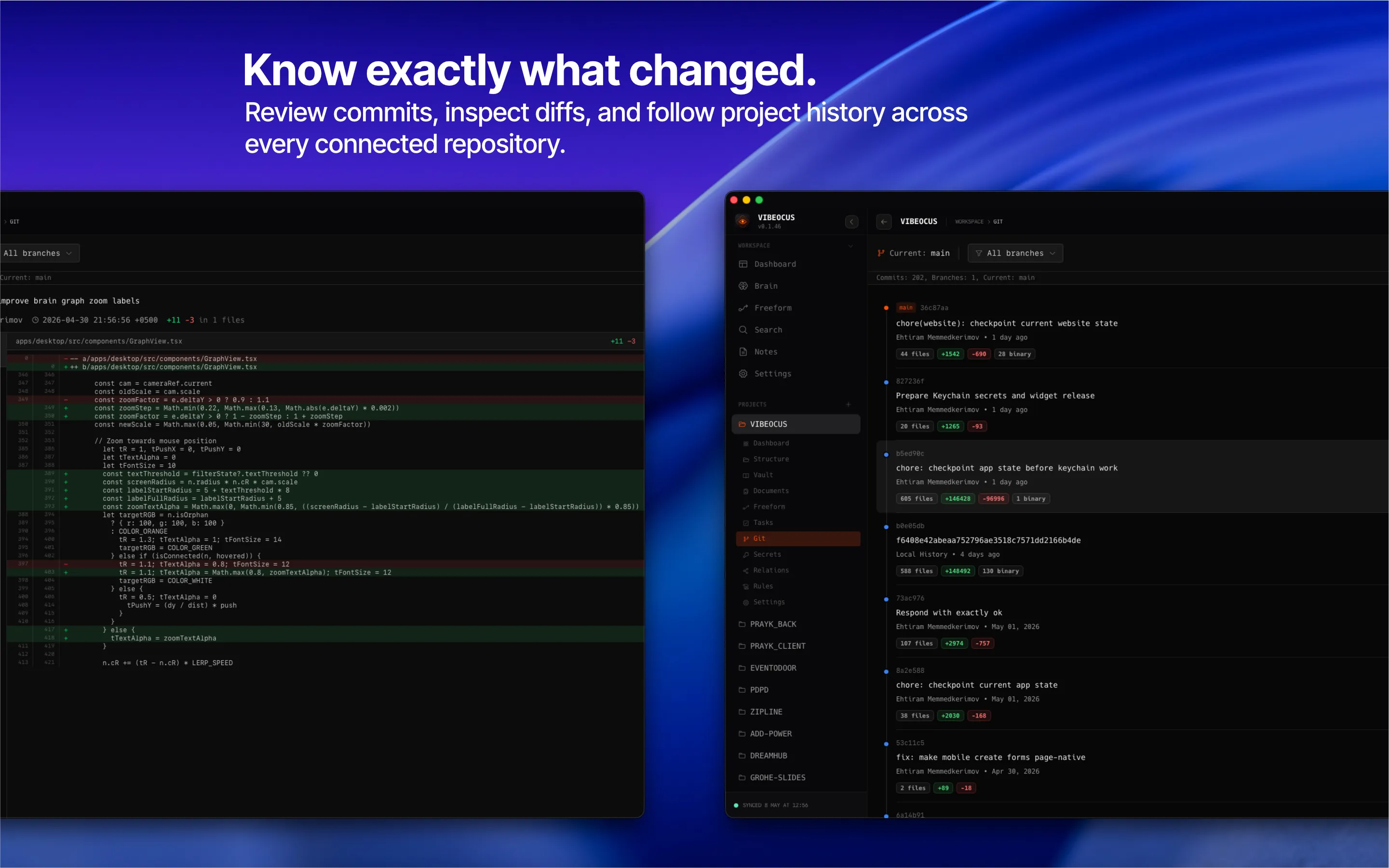 Vibeocus Git view showing commit history, branch context, changed files, and diff review