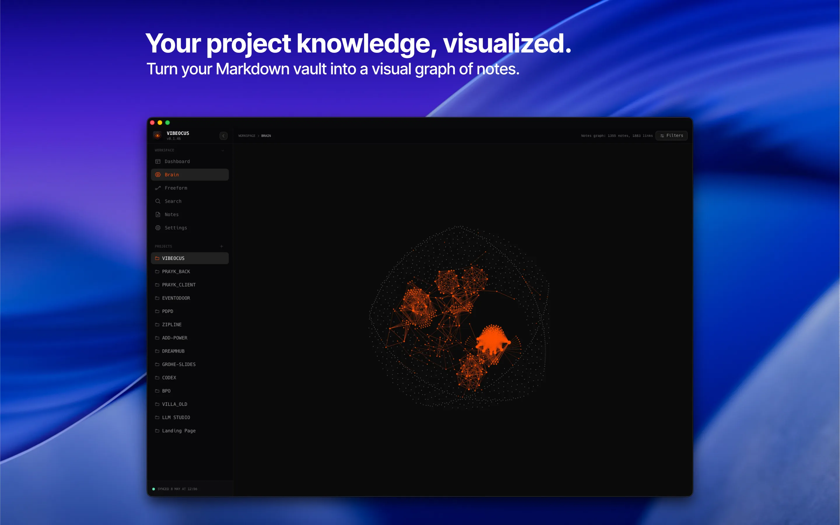 Vibeocus Markdown graph visualizing linked project notes and workspace knowledge