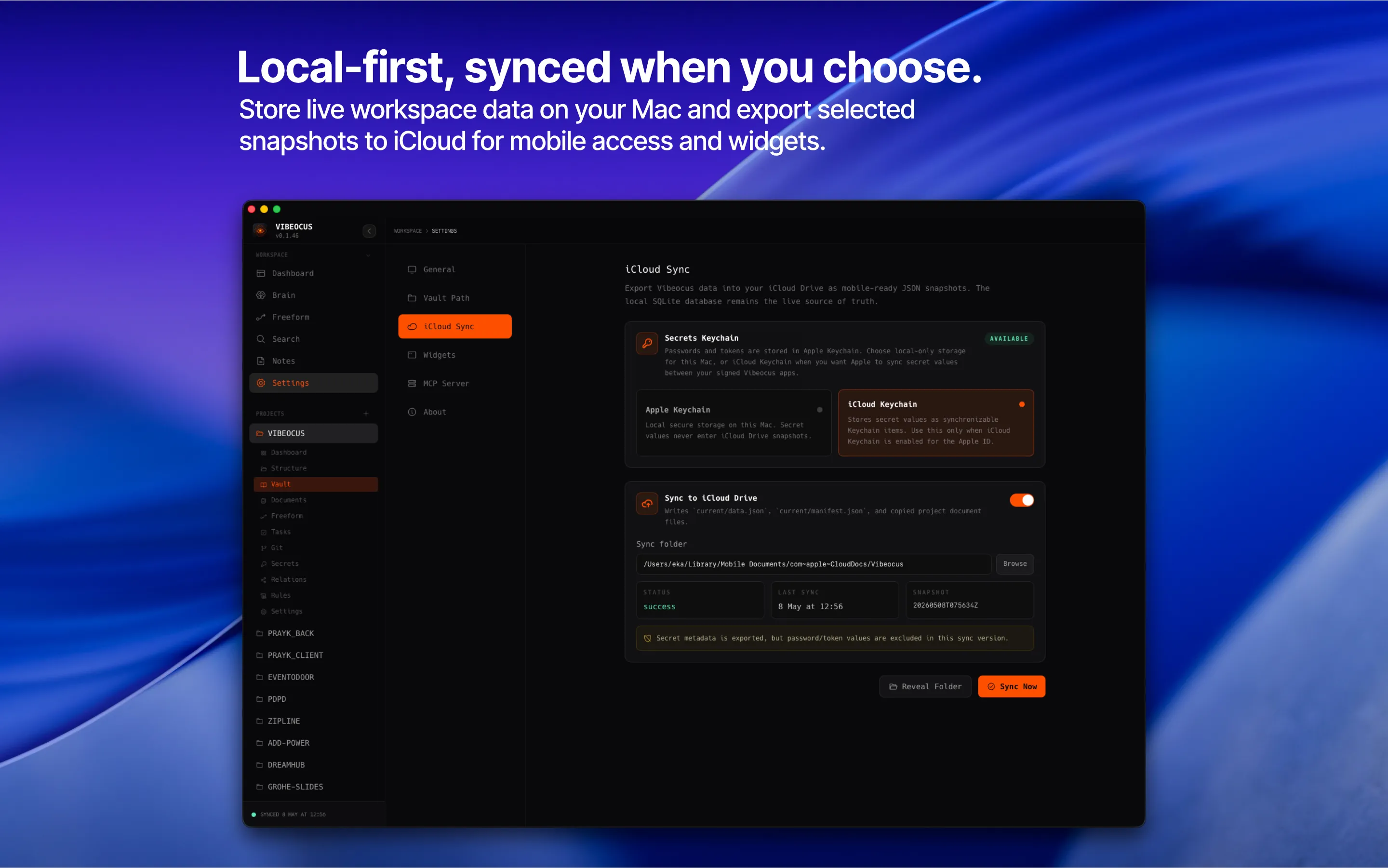Vibeocus iCloud sync settings for local-first workspace snapshots across Apple devices