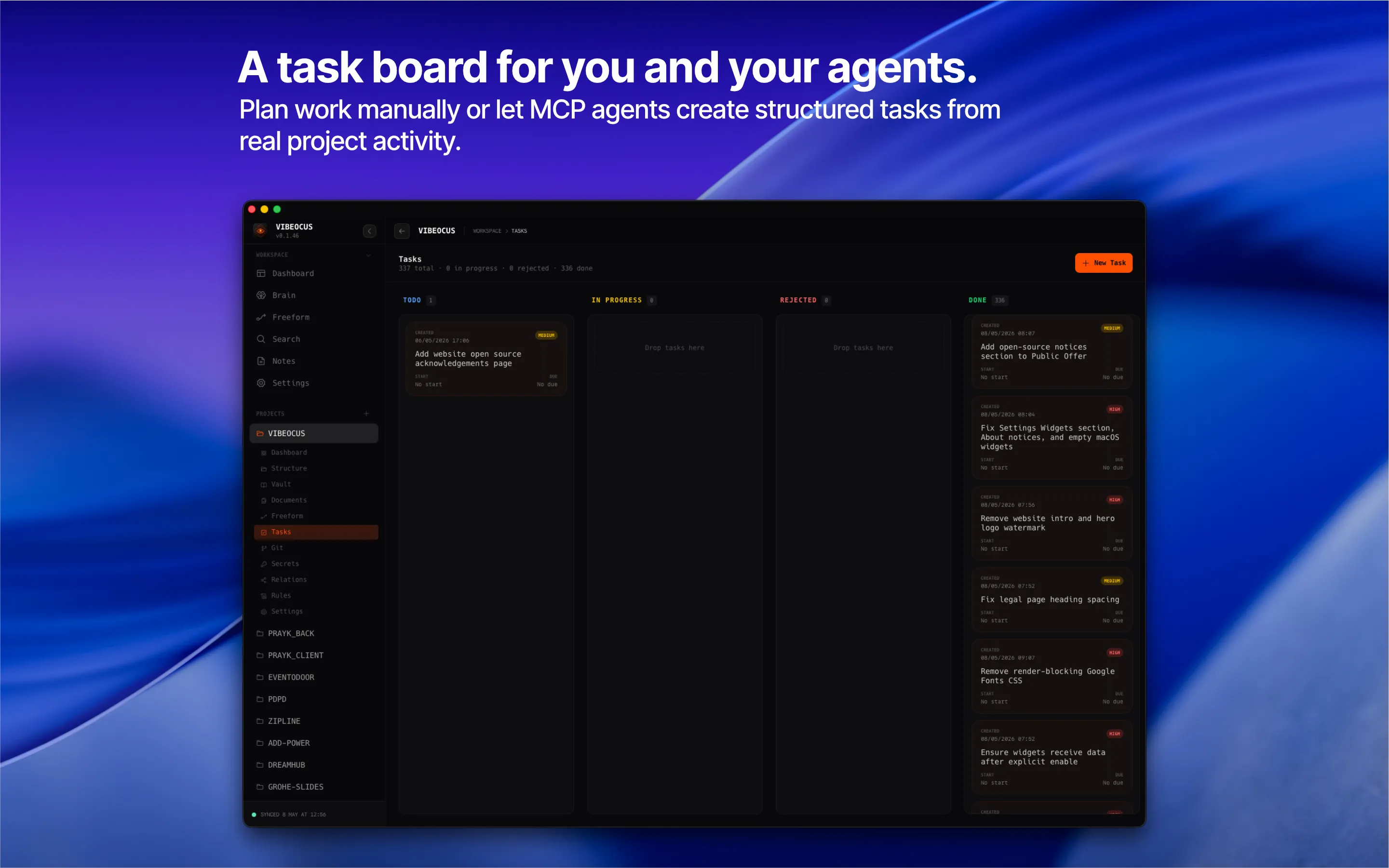 Vibeocus Kanban task board with status columns, priority cards, and due dates