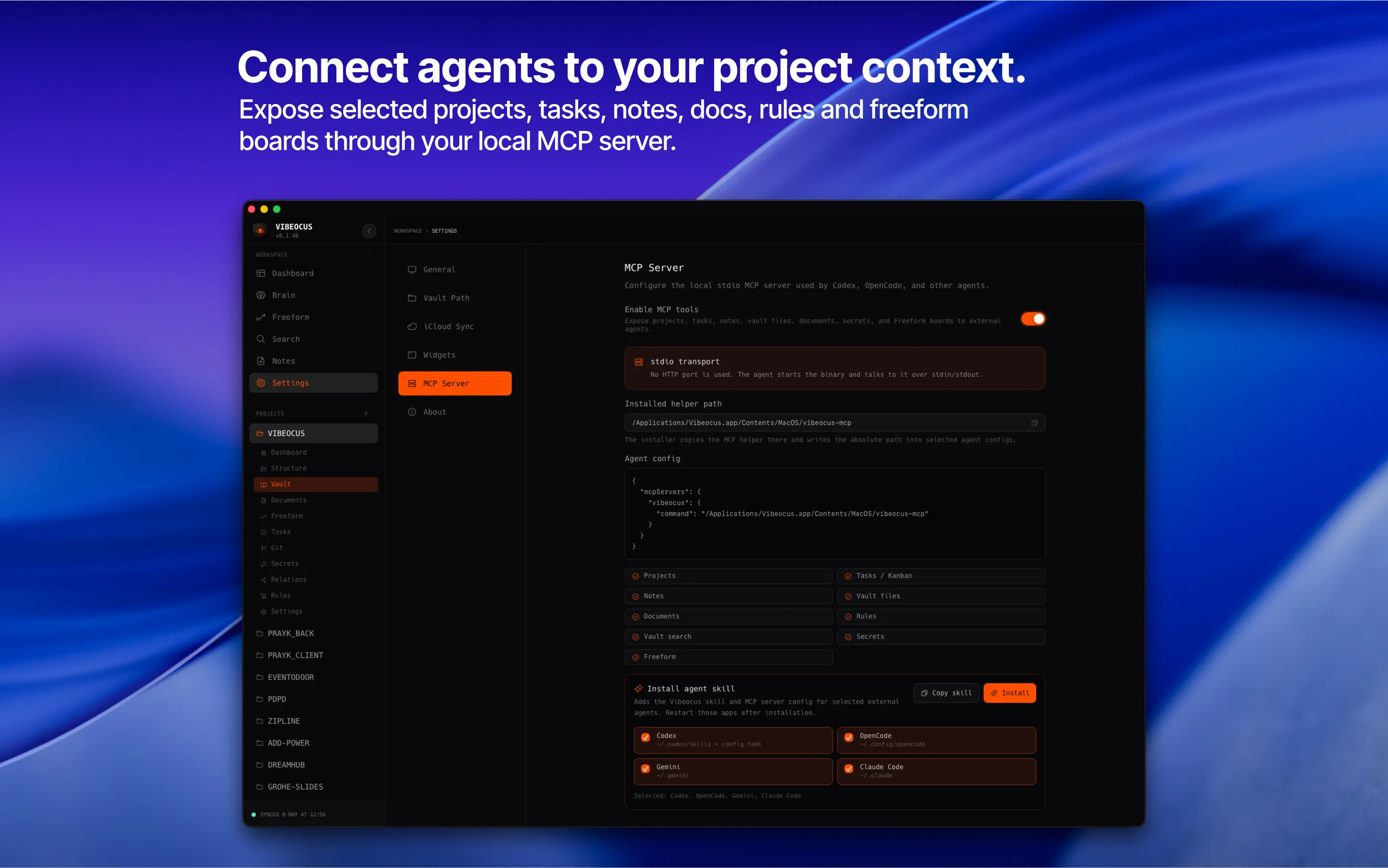 Vibeocus MCP settings for agent tools, installed skills, and controlled project context access