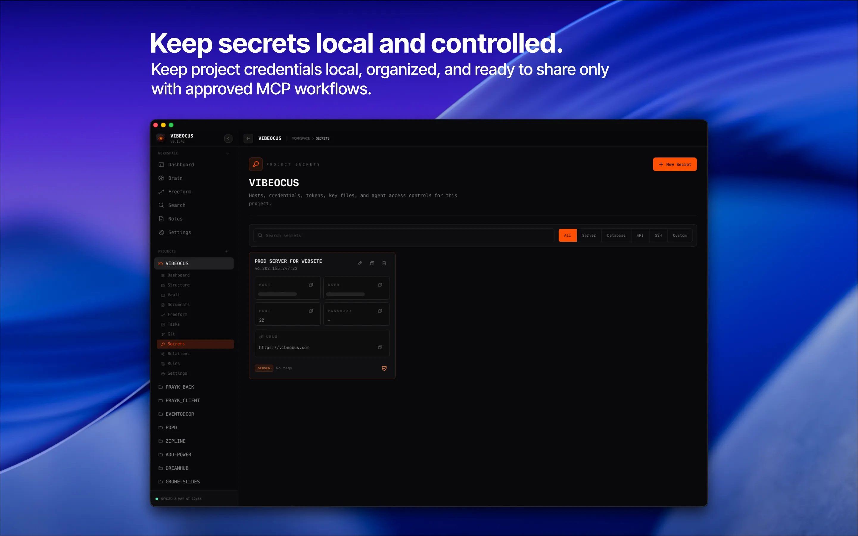 Vibeocus secrets manager with local credential cards, copy controls, and MCP access settings