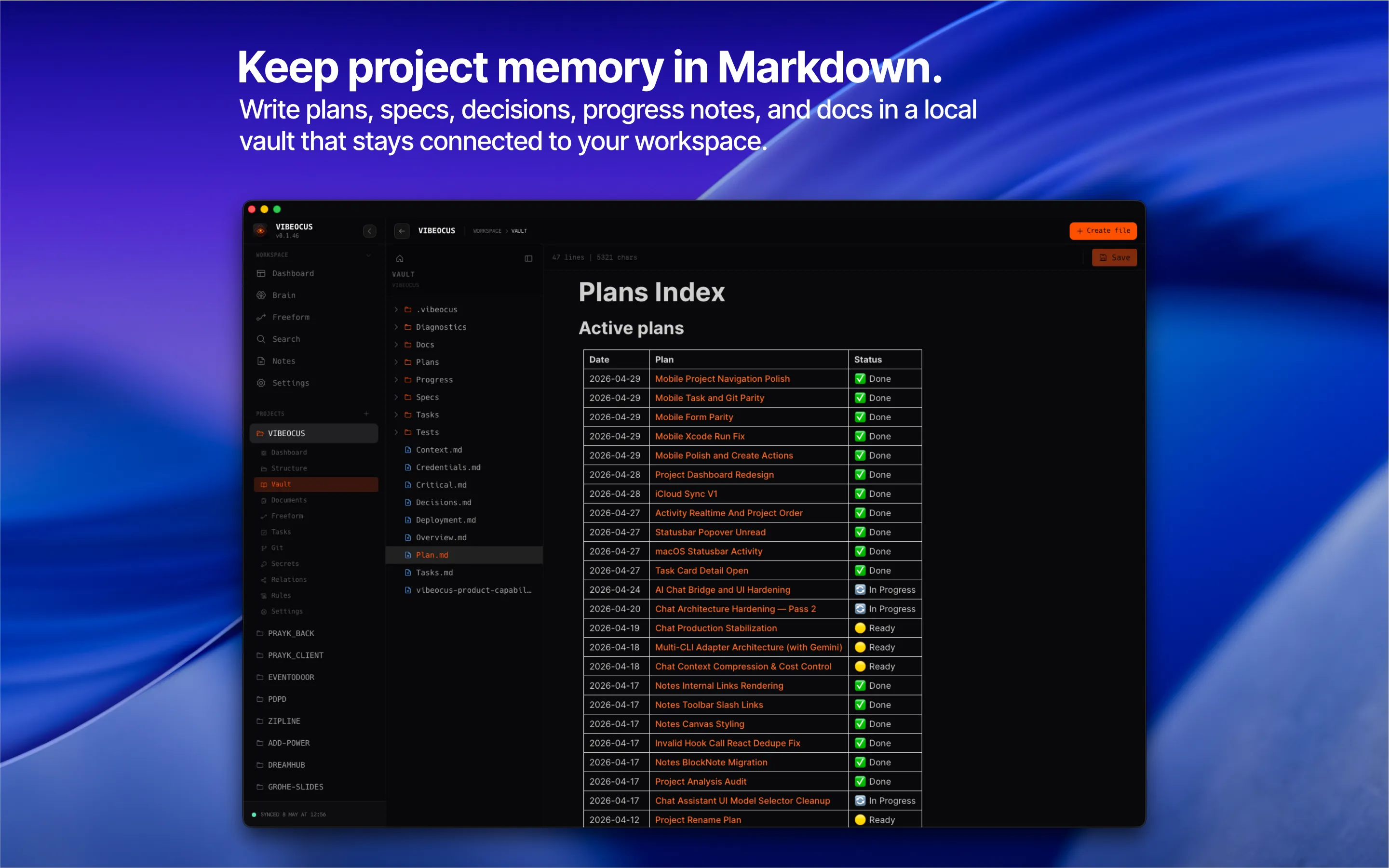 Vibeocus local Markdown vault with file tree, editor, and linked project memory