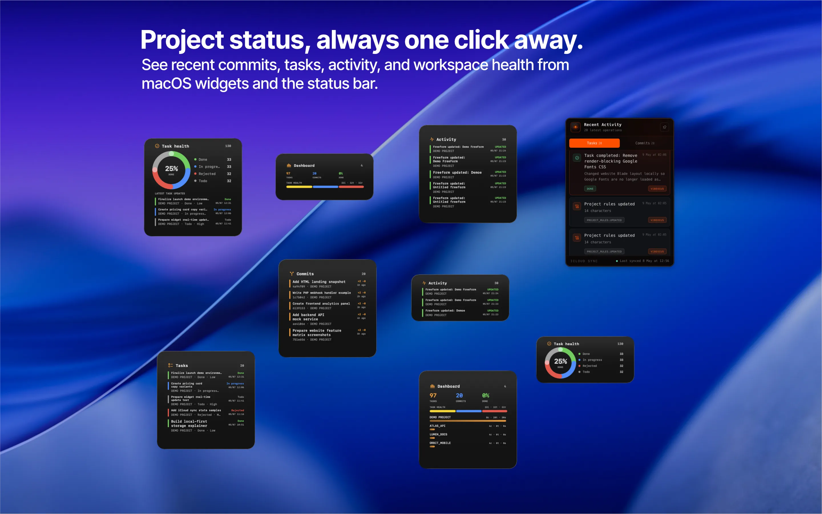Vibeocus macOS widgets and status overview for recent tasks, commits, and workspace activity